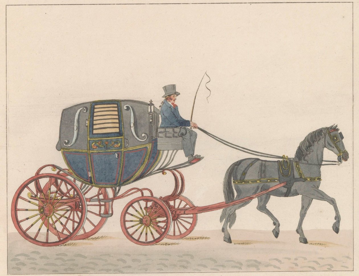 Hästskjuts i Amsterdam, ca 1825 En Amsterdamsche Huurkoetsje eller Moped / Un Fiacre de Louage en usage à Amsterdam A ij connu sous la nom de Brommertje (titel på objekt) av Roelof van der Meulen