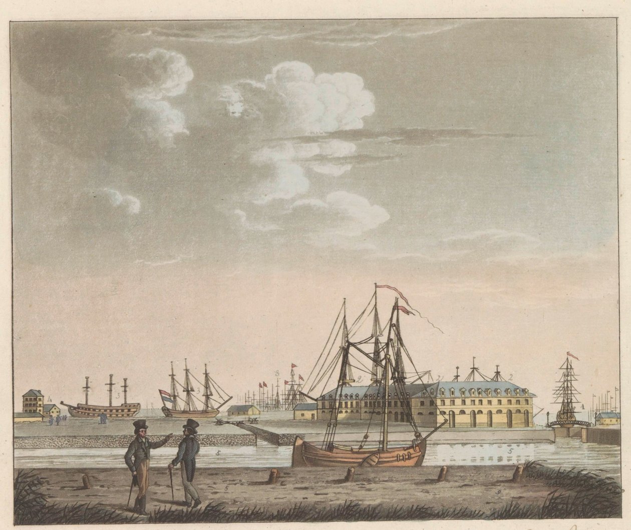 Rijkswerf Willemsoord, ca 1825 Utsikt över Willemsoord på det klara - nära Nieuwendiep, och ingången till den stora Noord-Hollandsch-kanalen / Vue de Willemsoord au clear prês du Nieuwendiep, et L