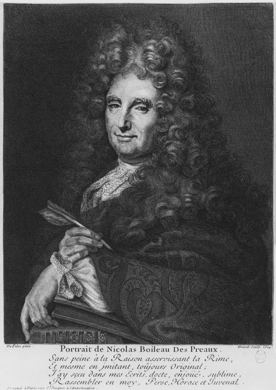 Porträtt av Nicolas Boileau, känd som Boileau-Despreaux, graverat av Pierre Drevet (1663-38) 1704 av Roger de Piles