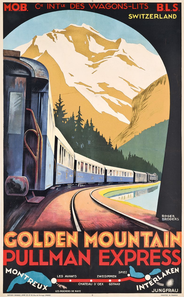 Affisch för Compagnie Internationale des Wagons-Lits med reklam för Golden Mountain Pullman Express, ca 1930 (färglitografi) av Roger Broders