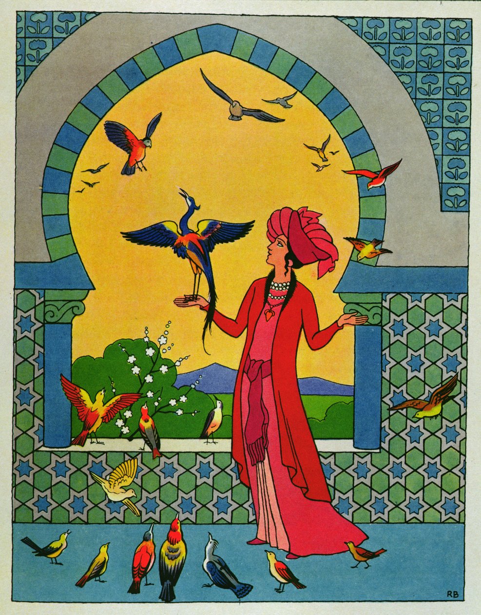 Prinsessan som konsulterar fågeln Bulbulhezar, illustration till "De två svartsjuka systrarna", ur "Tusen och en natt av Roger Broders