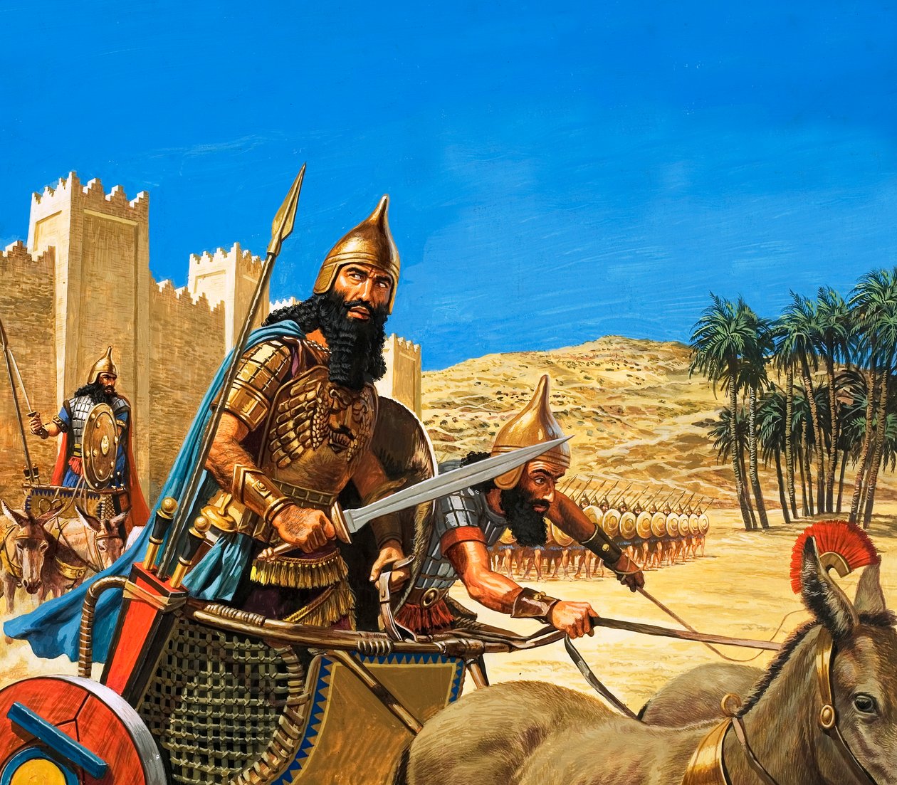 Kung Hammurabi drar ut i krig, hans vagn dras av åsnor av en särskilt tuff ras av Roger Payne