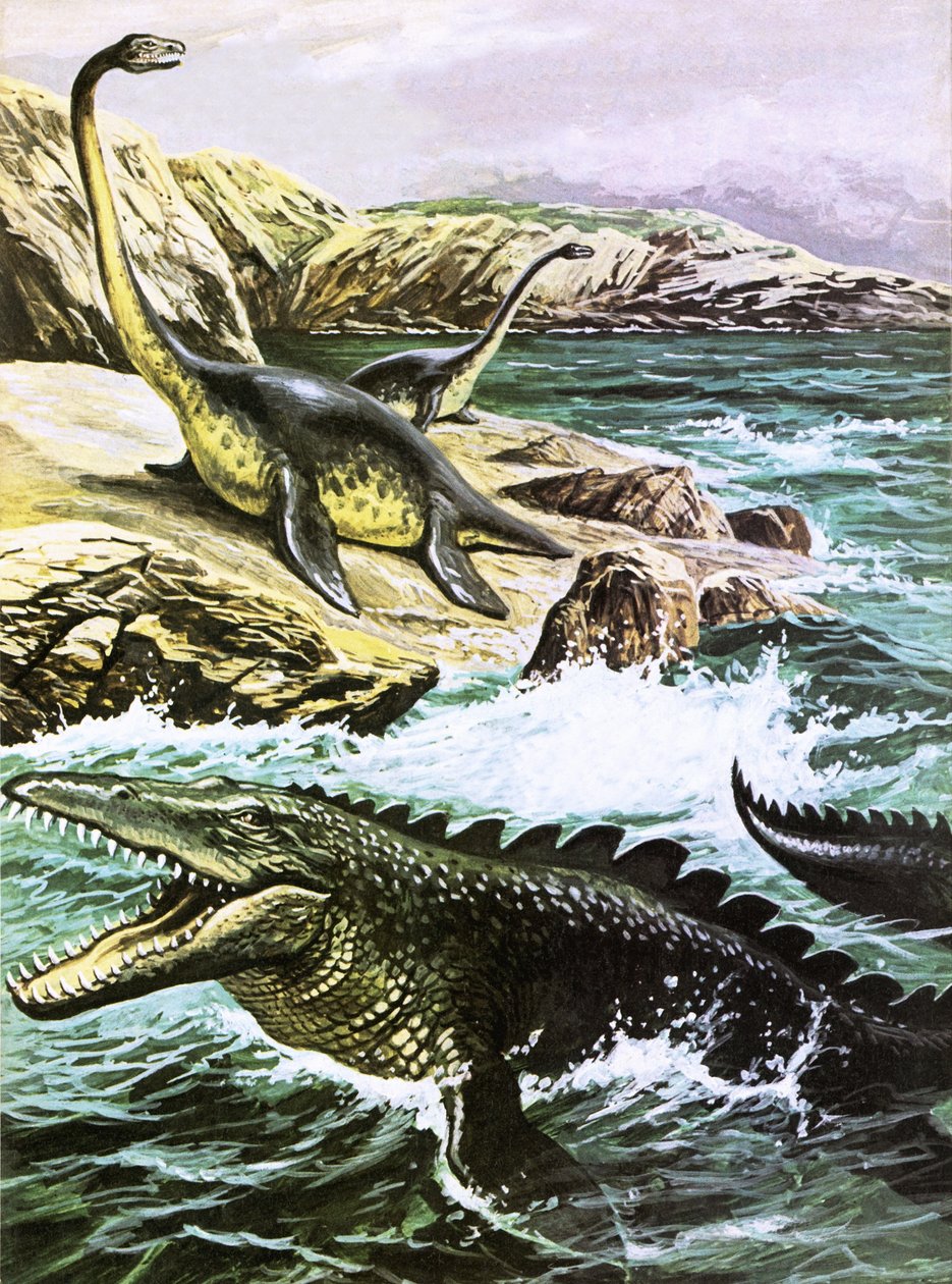 Plesiosaurus (överst) och Tylosaurus (nederst) av Roger Payne