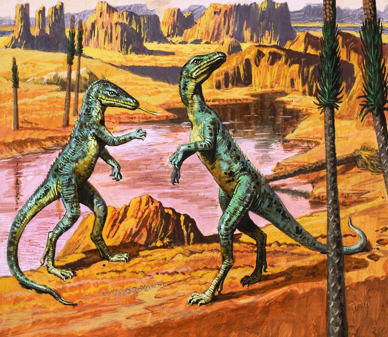 Saltoposuchus, illustration från "In the Days of the Dinosaurs, Discovery in the Desert", 1980 (gouache på papper) av Roger Payne