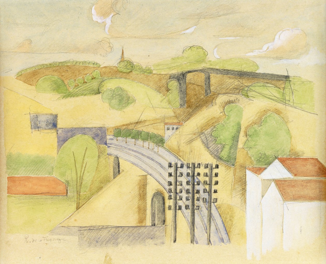 Studie för The Meulan Viaduct; Studie för Meulan-viadukten, 1912 av Roger de La Fresnaye