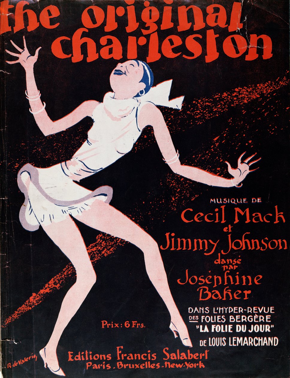 Josephine Baker (1906-75) dansar Charleston, affisch som annonserar en show på Folies Bergere av Roger de Valerio