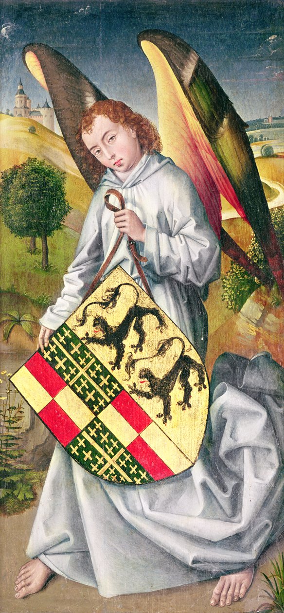 Ängel som håller en sköld med de heraldiska armarna från familjerna de Chaugy och Montagu med de två leoparderna från familjen de Jaucourt, 1460-66 av Rogier van der Weyden