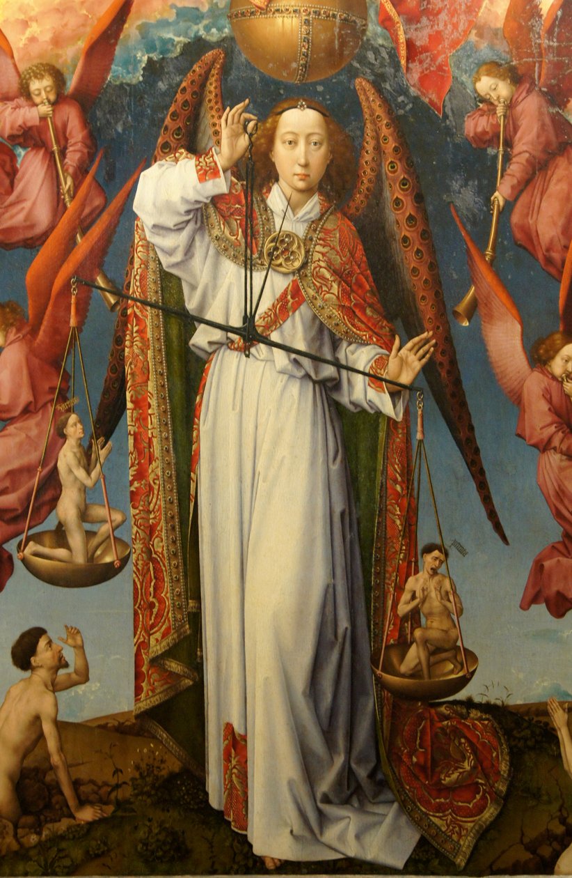 Närbild av ärkeängeln Saint Michael vägande själar, altartavla i den sista domen av Rogier van der Weyden
