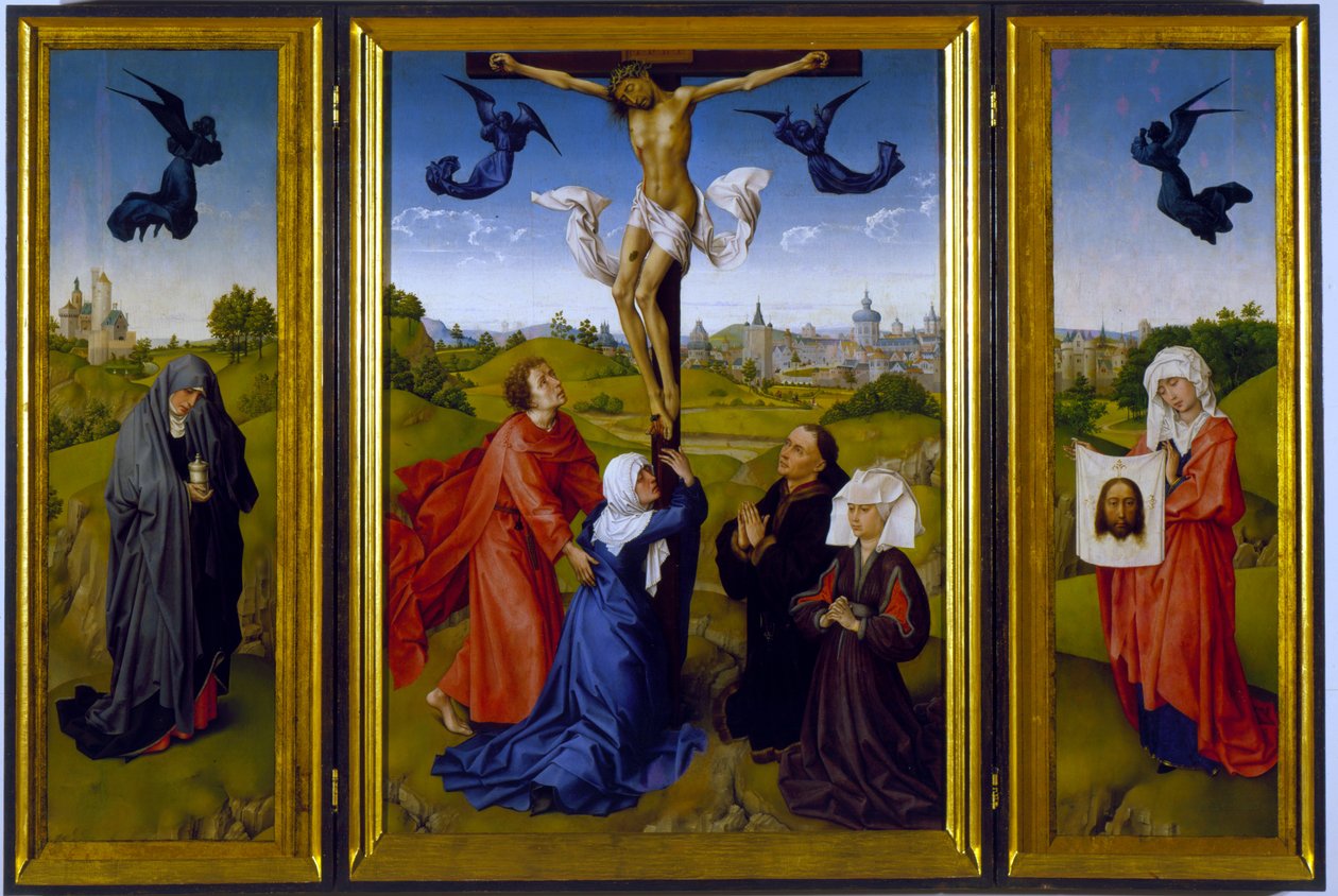 Korsfästelsetriptyk med St. Maria Magdalena, St. Veronica och okända beskyddare, ca 1440-45 av Rogier van der Weyden