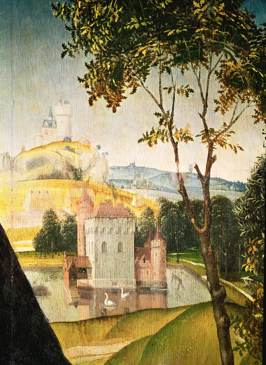 Landskap med slott i en vallgrav och två svanar, 1460-66 (detalj av 344036) av Rogier van der Weyden
