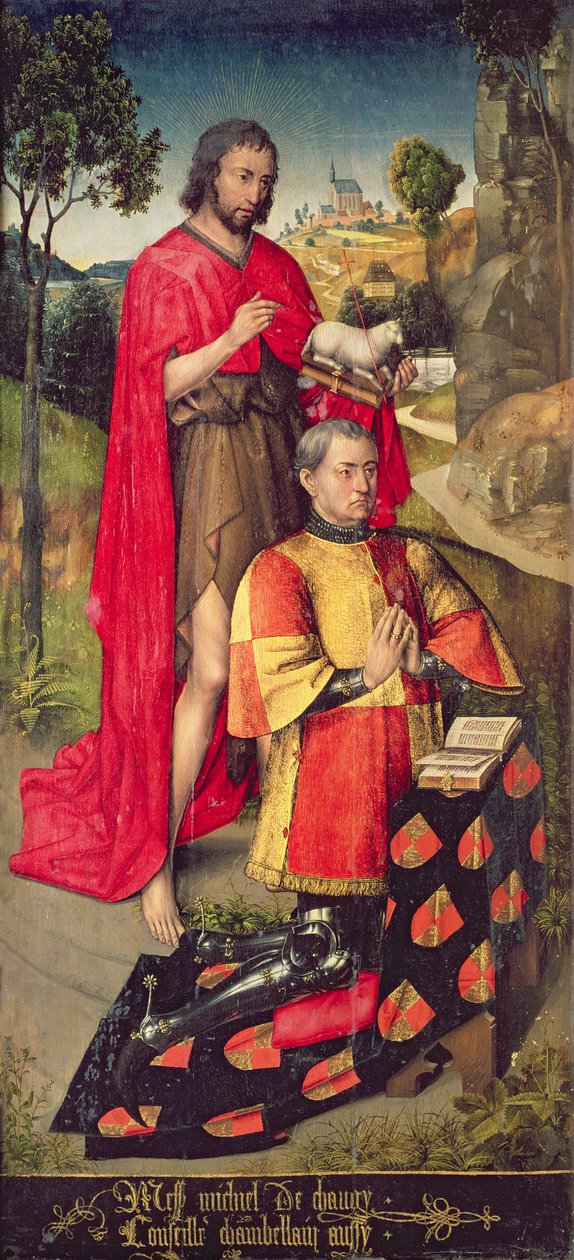 Vänster panel, från huvudaltarpolyptiken, föreställande Jean de Chaugy, fader till givaren av altartavlan, 1460-66 av Rogier van der Weyden
