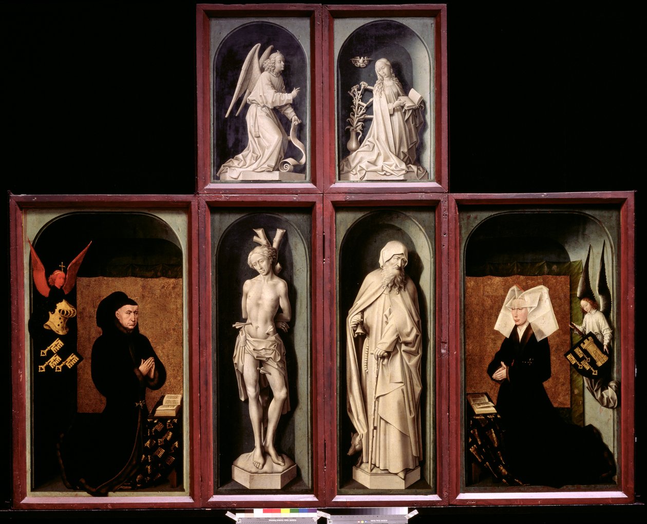 Den sista domen när den stängdes, föreställande donatorerna kansler Nicholas Rolin och hans fru, Guigone de Salins, Bebådelsen, St. Sebastian och St. Anthony den store, ca 1445-50 (se av Rogier van der Weyden