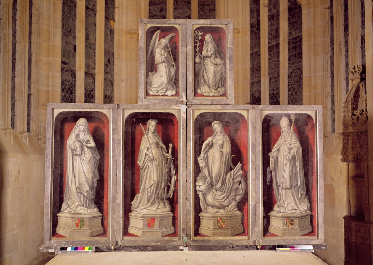 Vy över panelerna på den stängda altartavlan, föreställande bebådelsen och helgonen, 1460-66 av Rogier van der Weyden