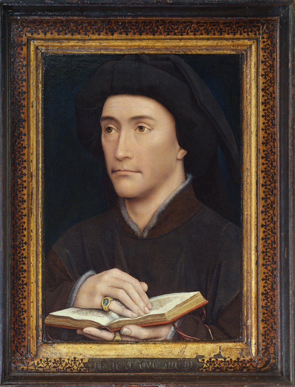 Porträtt av en man som håller en öppen bok (möjligen biskop Guillaume Fillastre) före 1437 (för verso se 65800) av Rogier van der Weyden