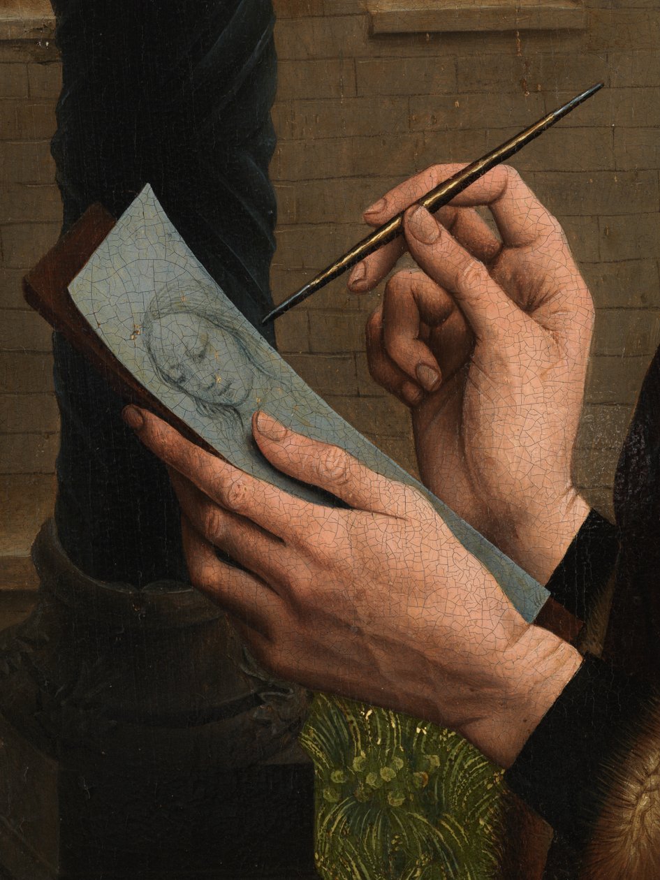 Detalj av Saint Luke som ritar Jungfruns porträtt (olja på panel) av Rogier van der (after) Weyden