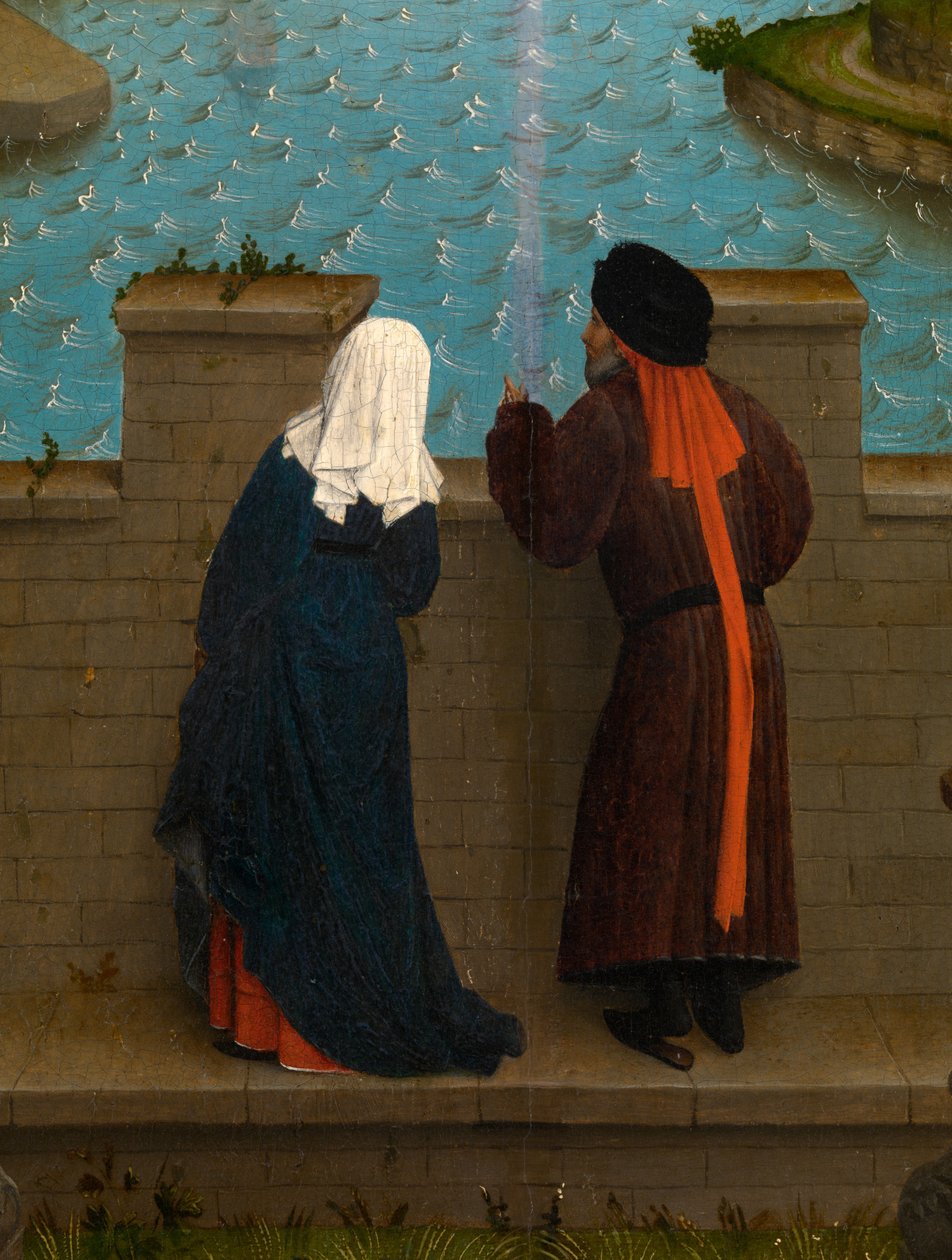 Detalj av Saint Luke som ritar Jungfruns porträtt (olja på panel) av Rogier van der (after) Weyden