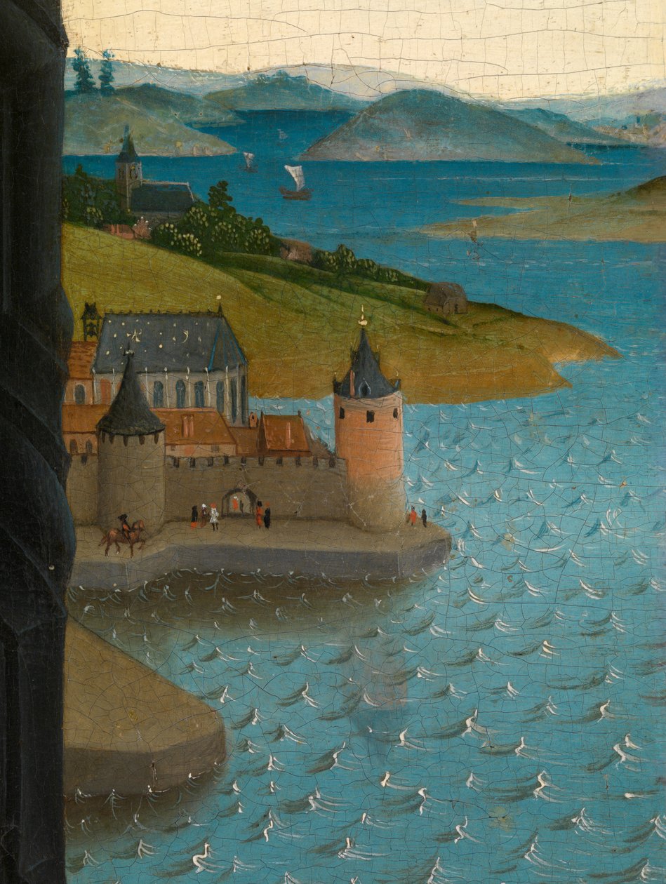 Detalj av Saint Luke som ritar Jungfruns porträtt (olja på panel) av Rogier van der (after) Weyden