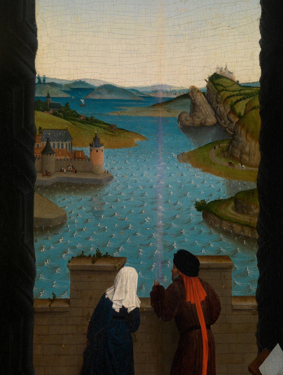 Detalj av Saint Luke som ritar Jungfruns porträtt (olja på panel) av Rogier van der (after) Weyden