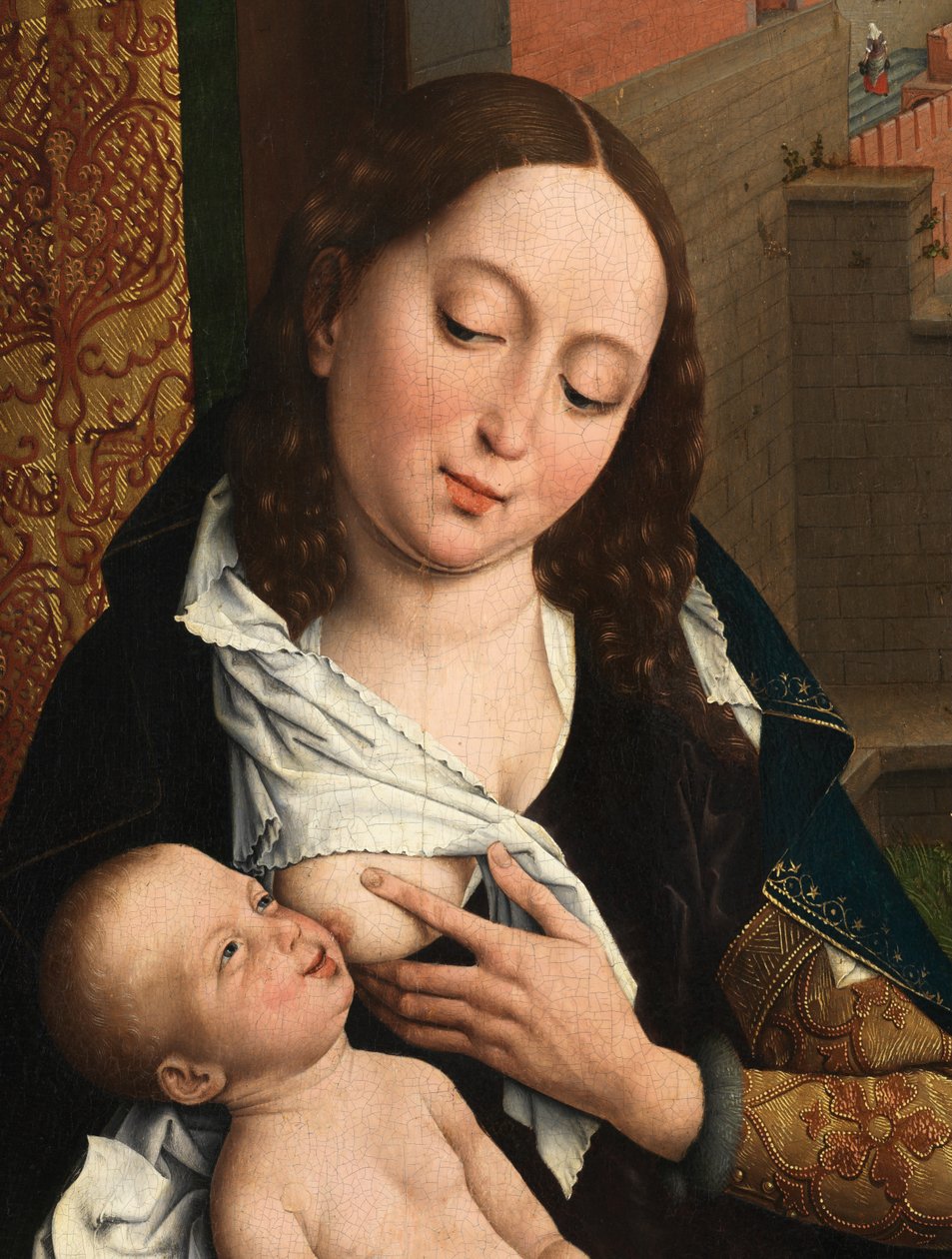 Detalj av Saint Luke som ritar Jungfruns porträtt (olja på panel) av Rogier van der (after) Weyden