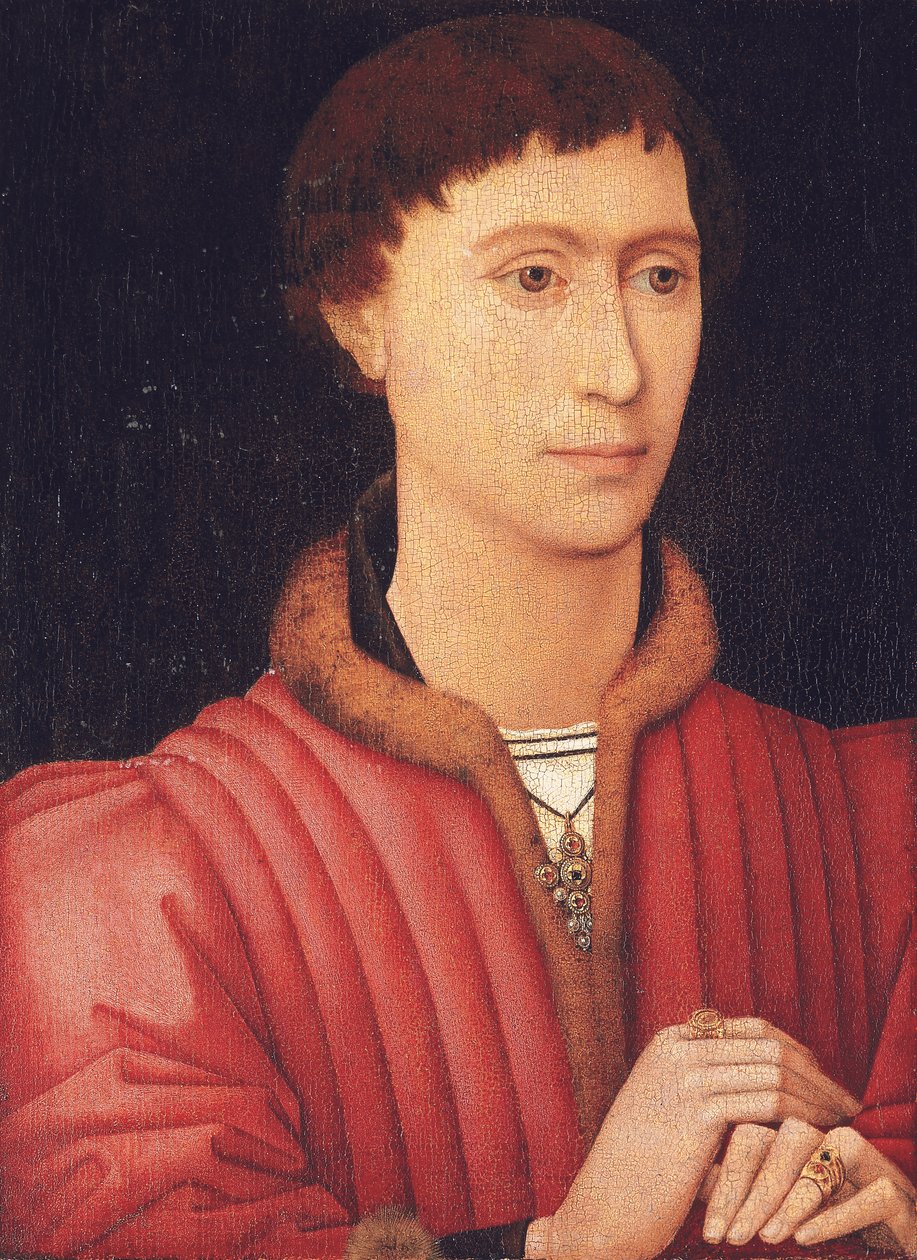 Porträtt av en ung man, bystlång, i en pälskantad röd dubblett, ca 1450-60 (olja på panel) av Rogier van der (circle of) Weyden