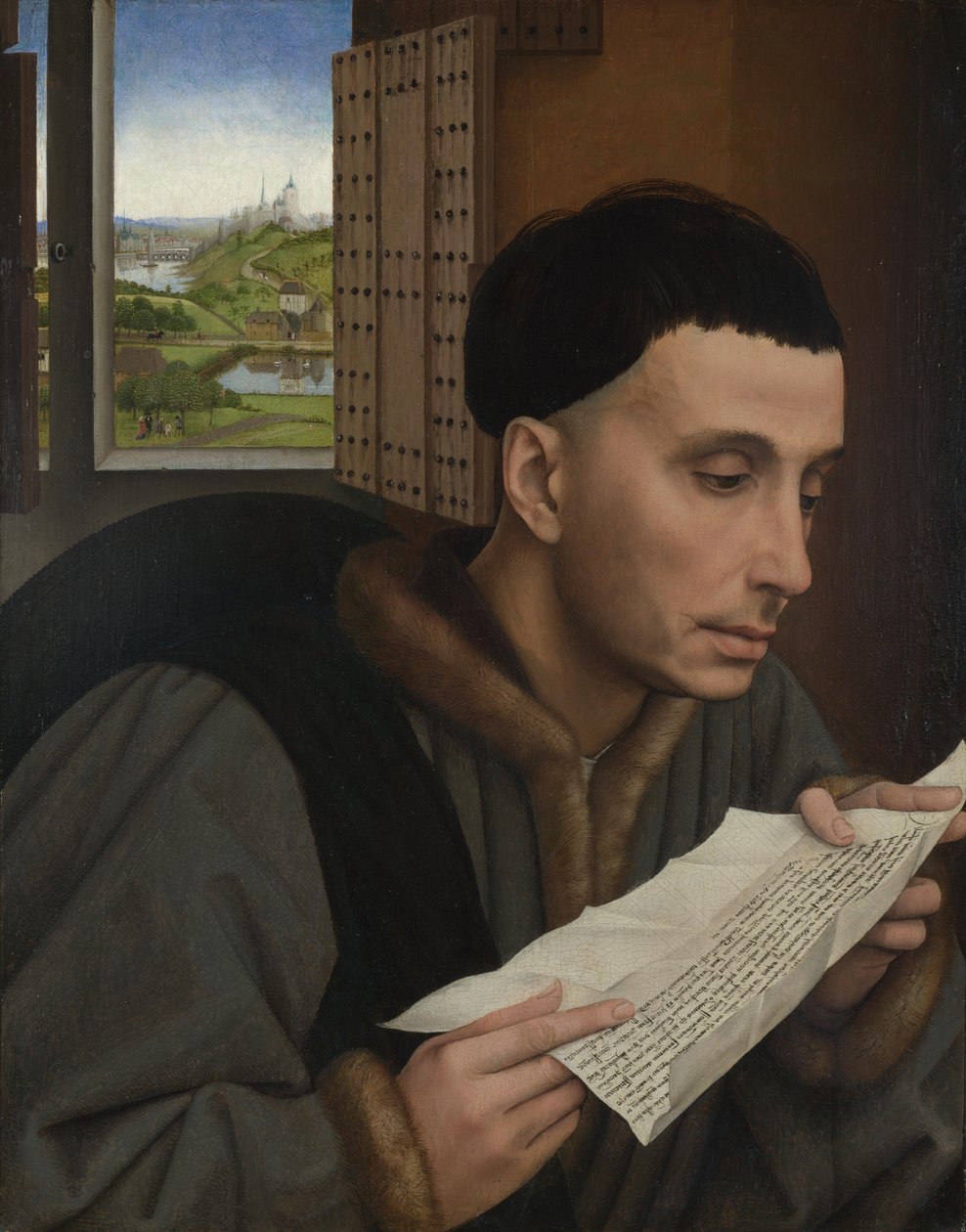 En man som läser (Saint Ivo?), ca 1450 (olja på panel) av Rogier van der (workshop of) Weyden
