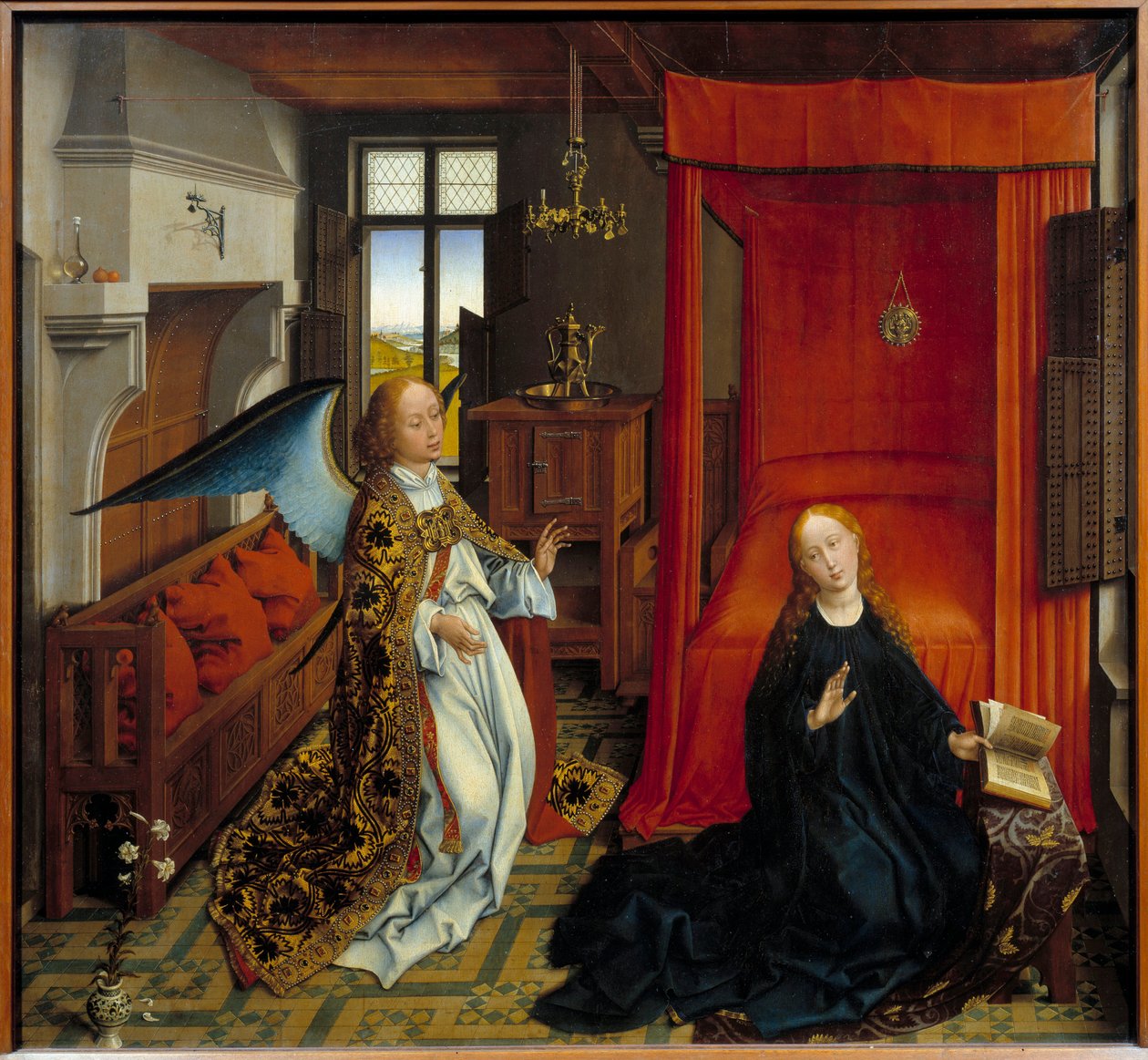 Tillkännagivande. Målning av verkstaden av Roger (Rogier) Van Der Weyden (1400-1464) Ec. Flam. av Rogier van der Weyden