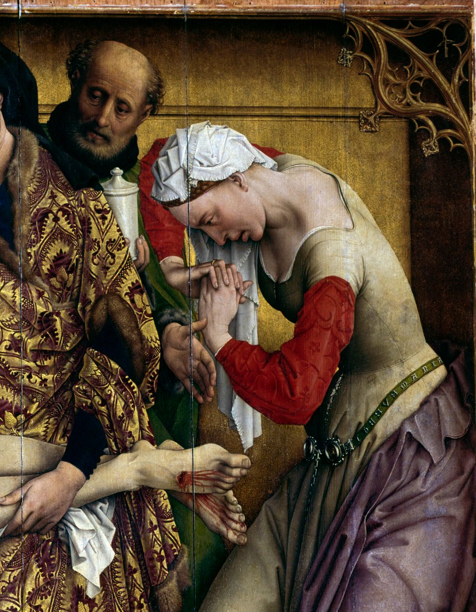 Avsättning eller nedstigning av korset. Detalj av Sainte Marie Madeleine. Rogier altartavla (Roger) Van Der Weyden (1400-1464) 1435 Dim. 2,20 x 0,35 m Madrid, Musee du Prado - Avsättningen eller nedstigningen från korset. Detalj av Sankta Maria Magdalena.  av Rogier van der Weyden