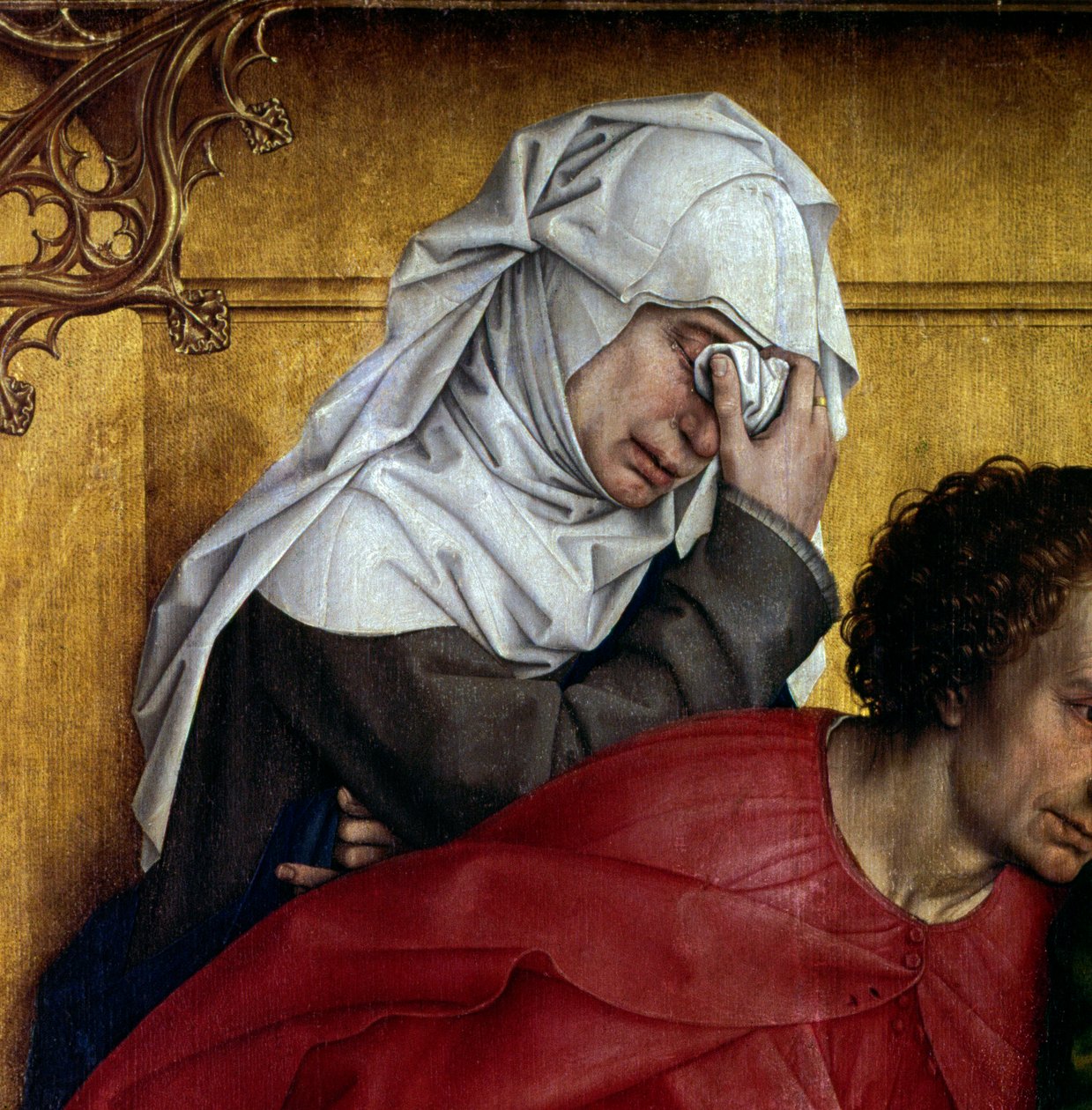 Avsättning eller nedstigning av korset. Detalj av karaktären i tårar. Rogier altartavla (Roger) Van Der Weyden (1400-1464) 1435 Dim. 2,20 x 0,35 m Madrid, Musee du Prado - Avsättningen eller nedstigningen från korset. Detalj av de sörjande karaktärerna. Al av Rogier van der Weyden