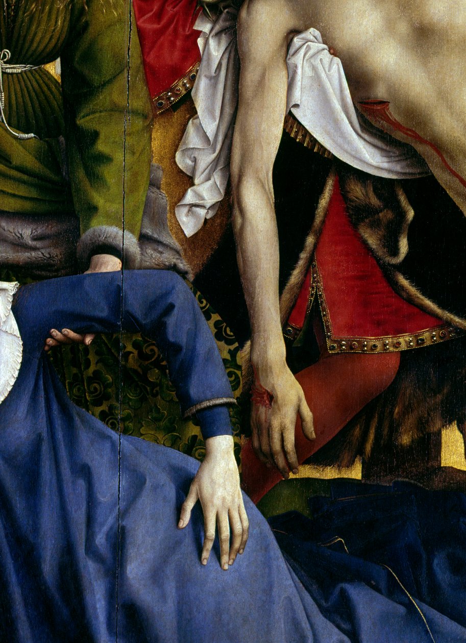 Avsättning eller nedstigning av korset. Detalj av den försvunna jungfruns hand och Kristi hand. Rogier altartavla (Roger) Van Der Weyden (1400-1464) 1435 Dim. 2,20 x 0,35 m Madrid, Pradomuseet av Rogier van der Weyden