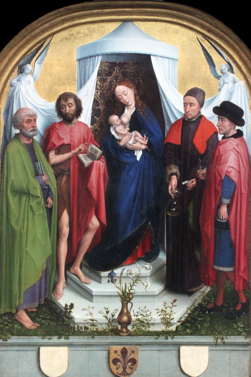 Madonna med de heliga Peter, Johannes Döparen, Saints Cosmas och Damian av Rogier van der Weyden