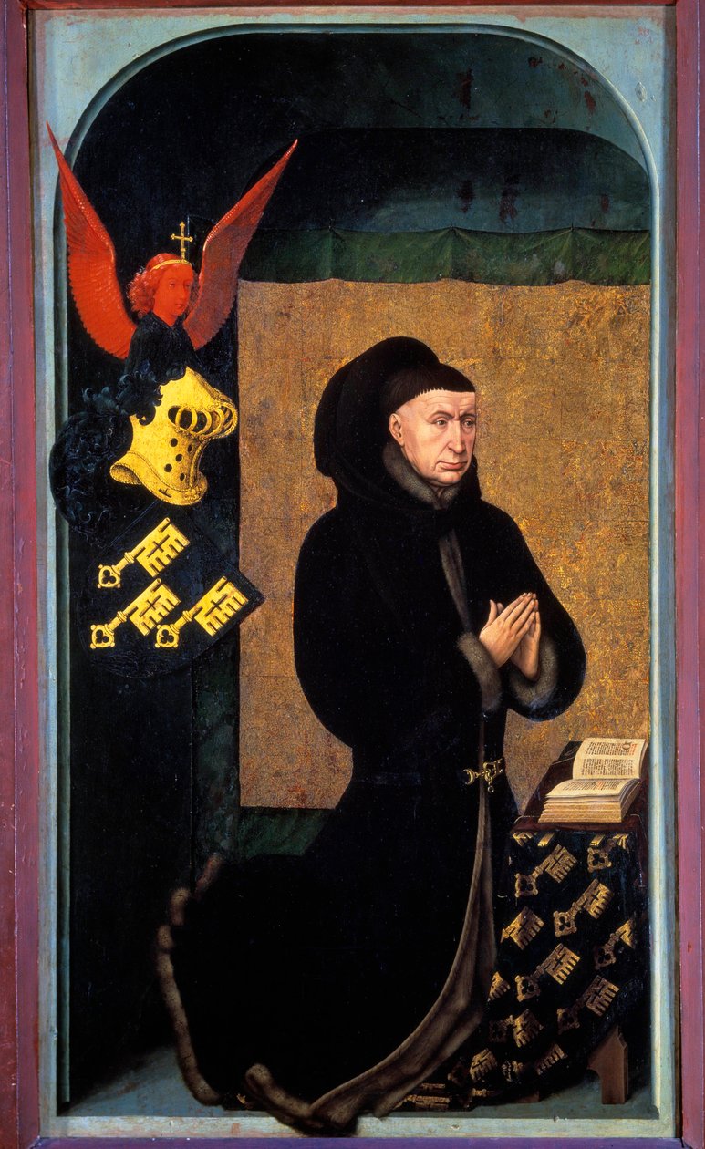 Porträtt av Nicolas Rolin (1376-1461) Burgundskansler under Philippe Le Bon och grundare av Hospices de Beaune 1443 Målning av Rogier (Roger) Van Der Weyden (1400-1464) 1400-talets Beaune, museum Hotel Dieu - Porträtt av Nicolas Rolin (1376-1 av Rogier van der Weyden