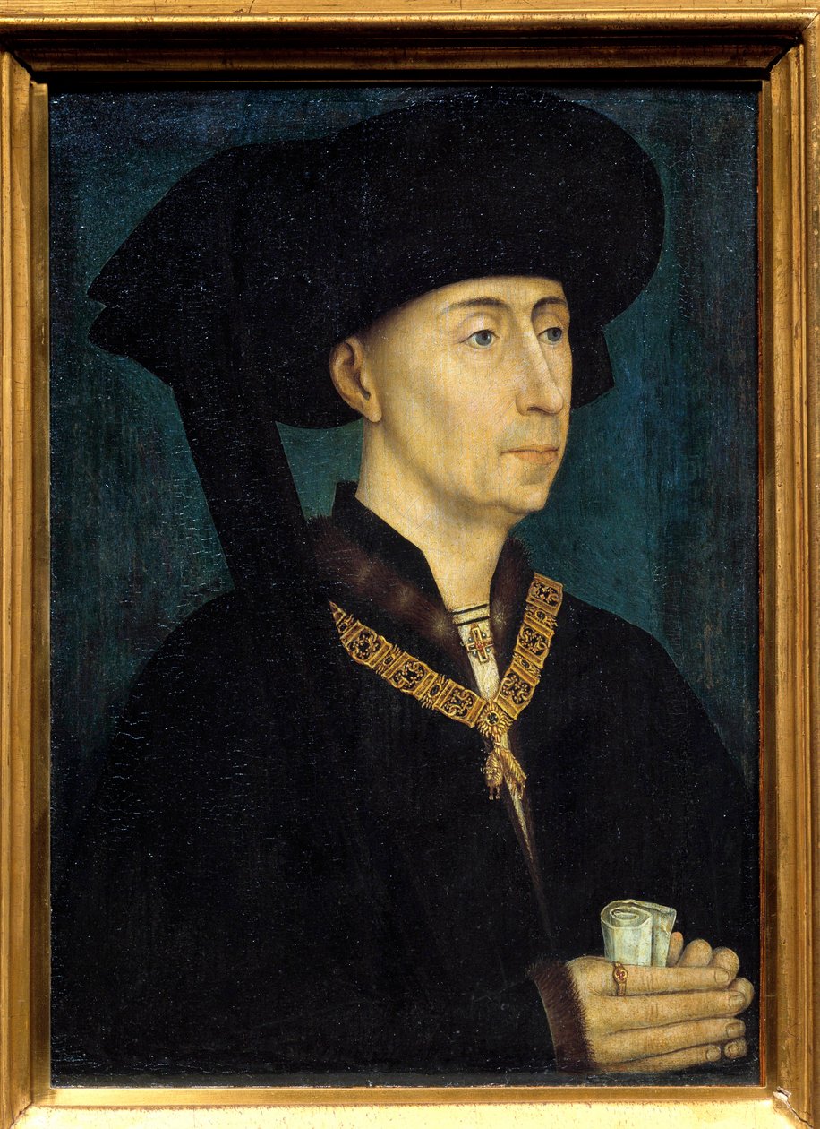 Porträtt av Filip III av Bourgogne kallad Filip den gode (1396-1467) Han bär dekorationen av Orden av det gyllene skinnet. Målning av Roger (Rogier) van der Weyden (1400-1464) 1445 Dim. 0,31x0,23 m Dijon, musee des Beaux Arts - Porträtt av Filip II av Rogier van der Weyden