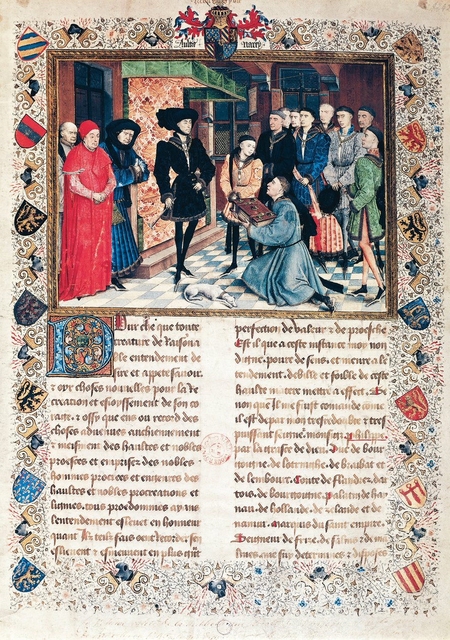 Jean Wauquelin överlämnar Hennegårds krönika till hertigen av Bourgogne Philippe den gode (1396-1467) av Rogier van der Weyden