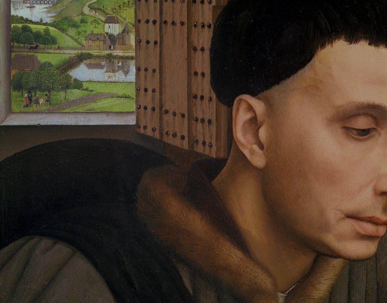 St. Ivo , detalj av fönstret och St. Ivos huvud, ca 1450 av Rogier van der Weyden