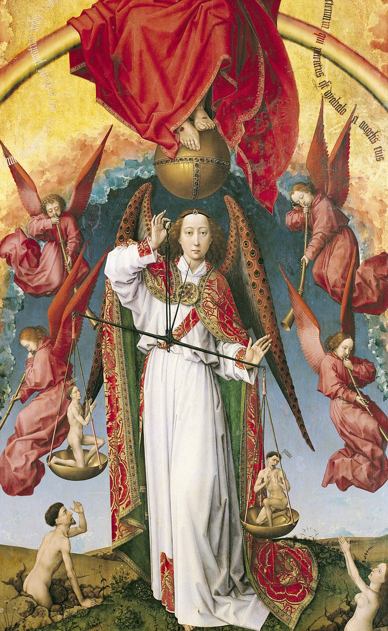 St. Michael Weighing the Souls, från den sista domen, c.1445-50 (detalj av 170072) av Rogier van der Weyden