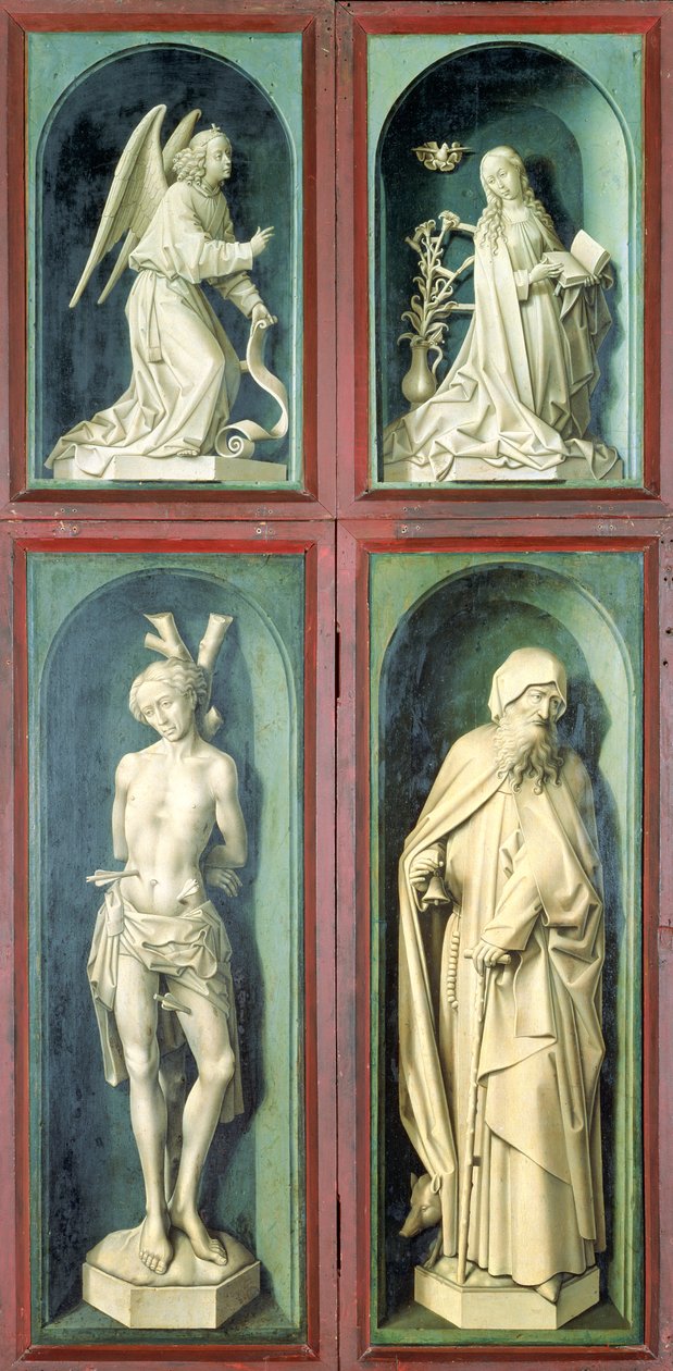 Bebådelsen, den helige Sebastian, den helige Antonius den store och de två donatorerna, paneler från baksidan av den sista domen, c.1445-50 (olja på panel) av Rogier van der Weyden