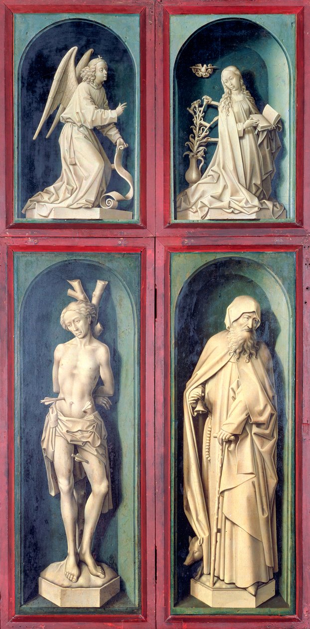 Bebådelsen, St. Sebastian och St. Anthony den store, paneler från baksidan av den sista domen, c.1445-50 av Rogier van der Weyden