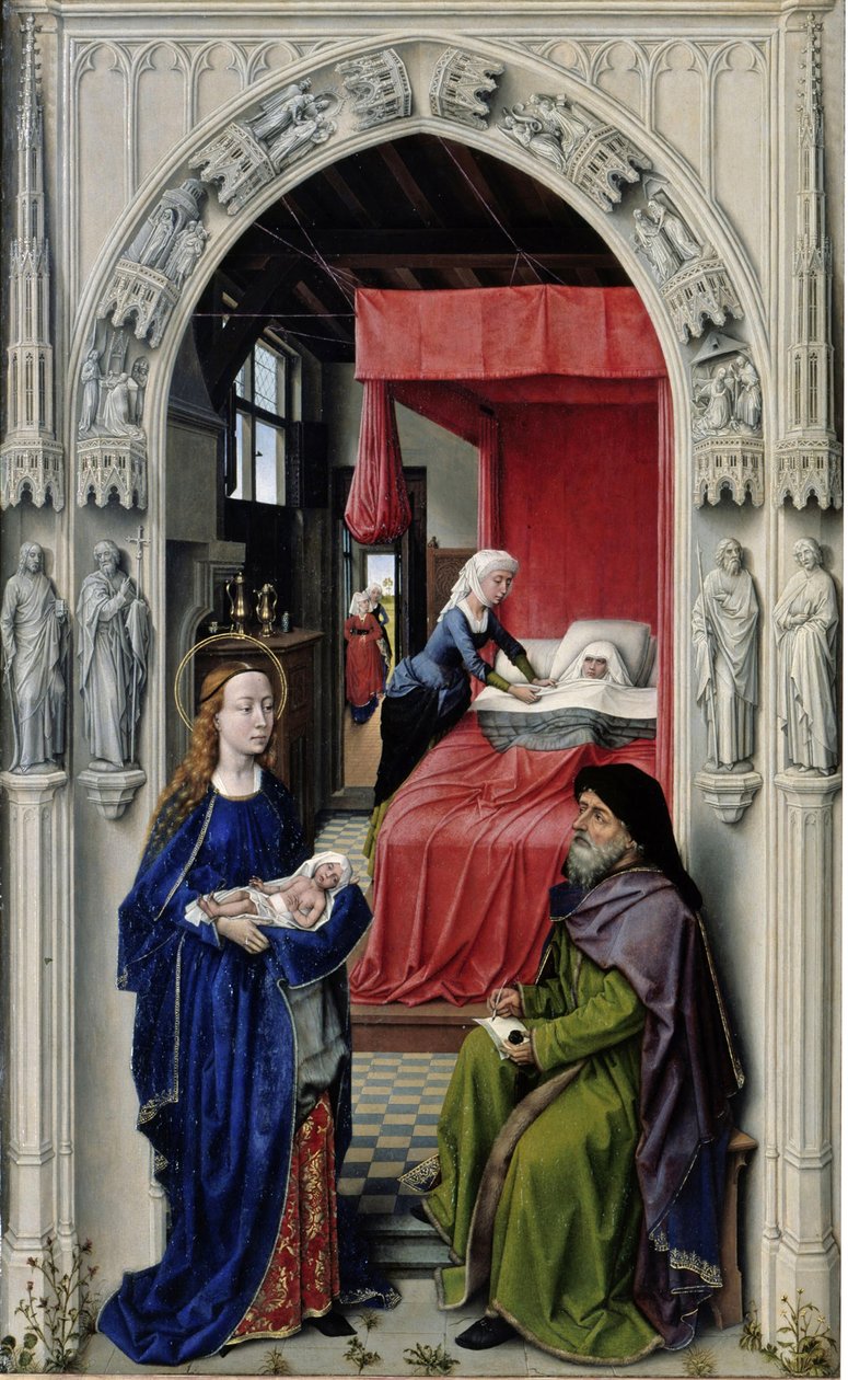 Johannes Döparens födelse Johannes altare, vänster panel, ca 1455 av Rogier van der Weyden