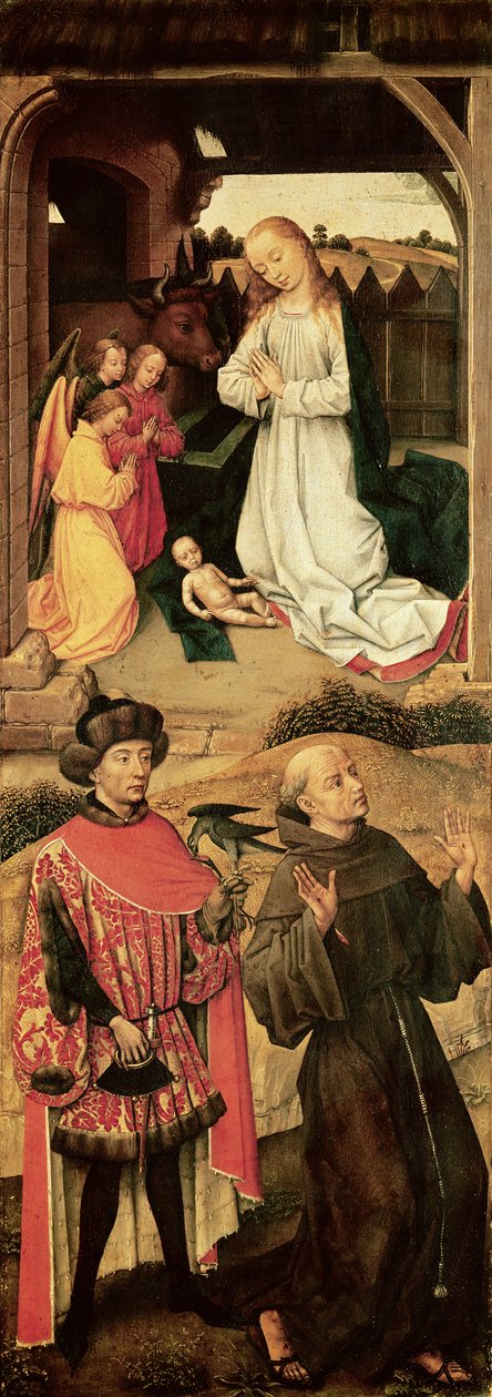 Triptyk av Golgata (vänster panel, Födelsen i den övre delen, den helige Franciskus av Assisi och eventuellt den helige Julian av Hospitaller i den nedre delen) av Rogier van der Weyden