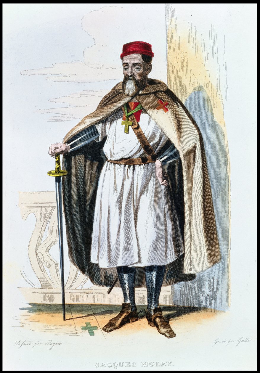 Porträtt av Jacques de Molay (ca 1243-1314), tempelriddarnas mästare, illustration från "Le Plutarque Francais" av E. Mennechet, graverad av Geille, 1835. av Roguer