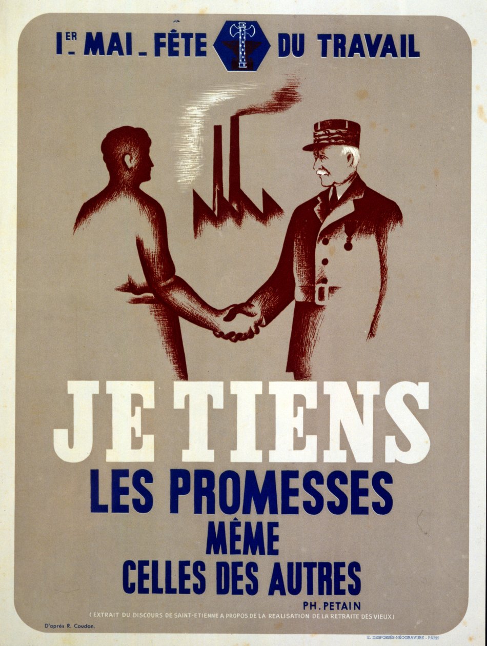 Propagandaaffisch utfärdad av Marshall Petain, Vichy Frankrikes ledare, för arbetarnas första maj-festival i krigstidens Frankrike (affisch) av Roland Coudon