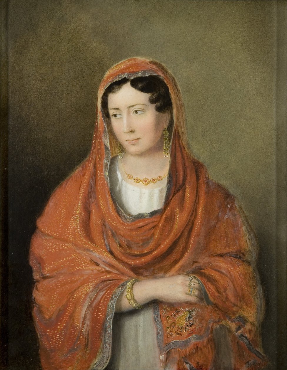 Porträtt av en dam, ca 1820 (olja på kvarnbräda) av Rolinda Sharples