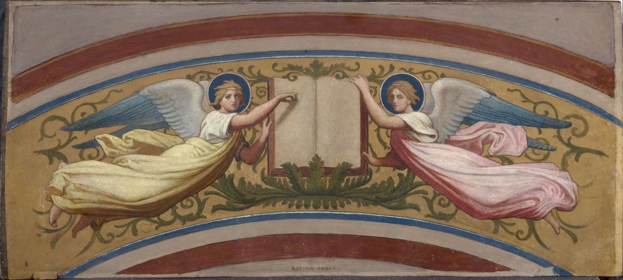 Skiss till kyrkan Saint-François-Xavier: Evangelieboken med stöd av två änglar, mellan 1874 och 1876 (olja på gouache, akvarell, papper) av Romain Cazes