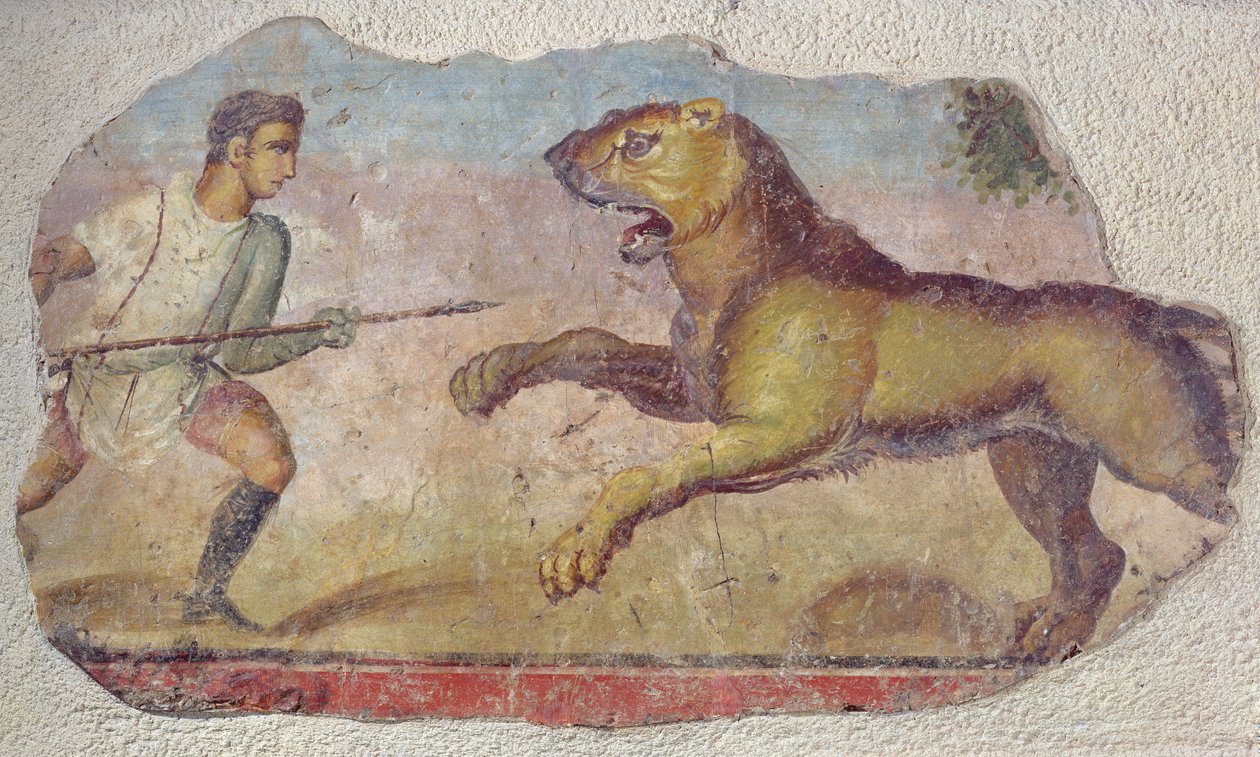 En gladiator som slåss mot ett lejon, från Merida amfiteater av Roman