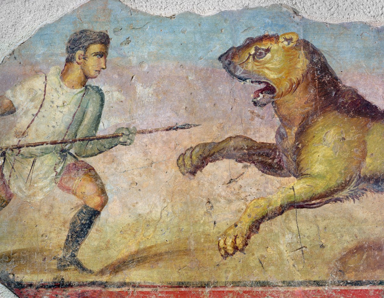 En gladiator som slåss mot ett lejon, från fresken på Amfiteatern i Merida, detalj av 696579 av Roman