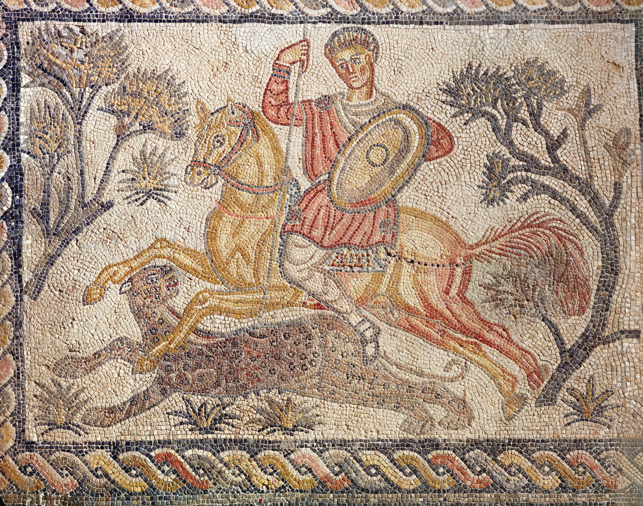 En mosaik som föreställer en leopardjakt, från Villa de las Tiendas, ca 326-400 (mosaik). av Roman