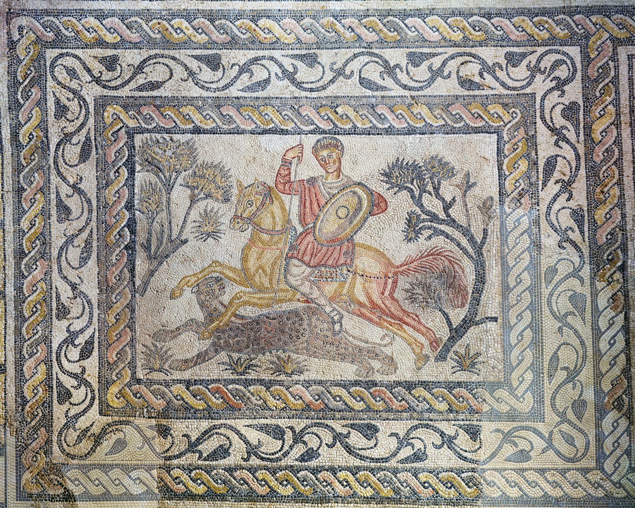En mosaik som visar en leopardjakt, från Villa de las Tiendas, c.326-400 (mosaik) av Roman