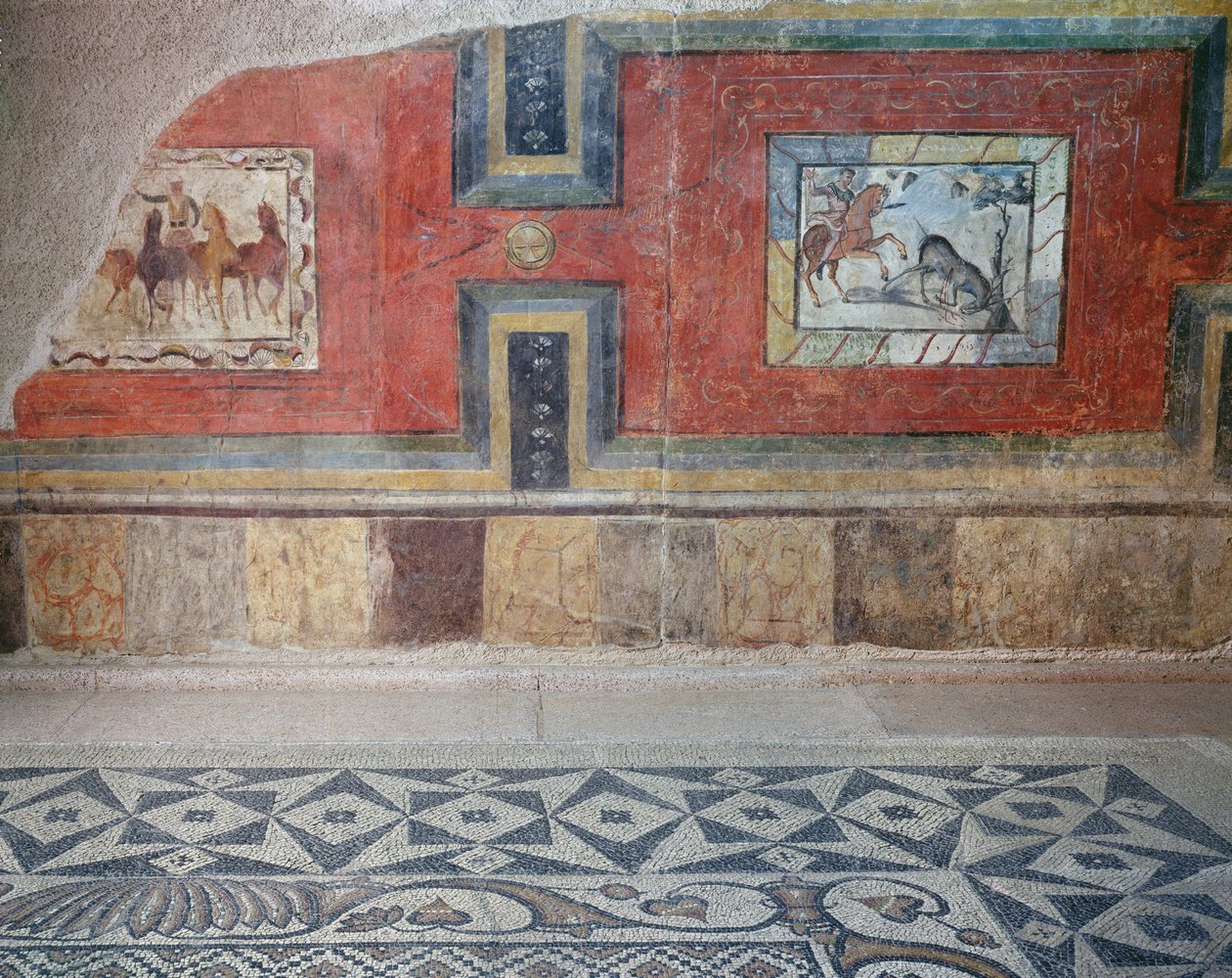 En rekreation av interiören av ett romerskt hus, med mosaikgolv och väggmålningar som visar cirkus- och jaktscener (fresk och mosaik) av Roman