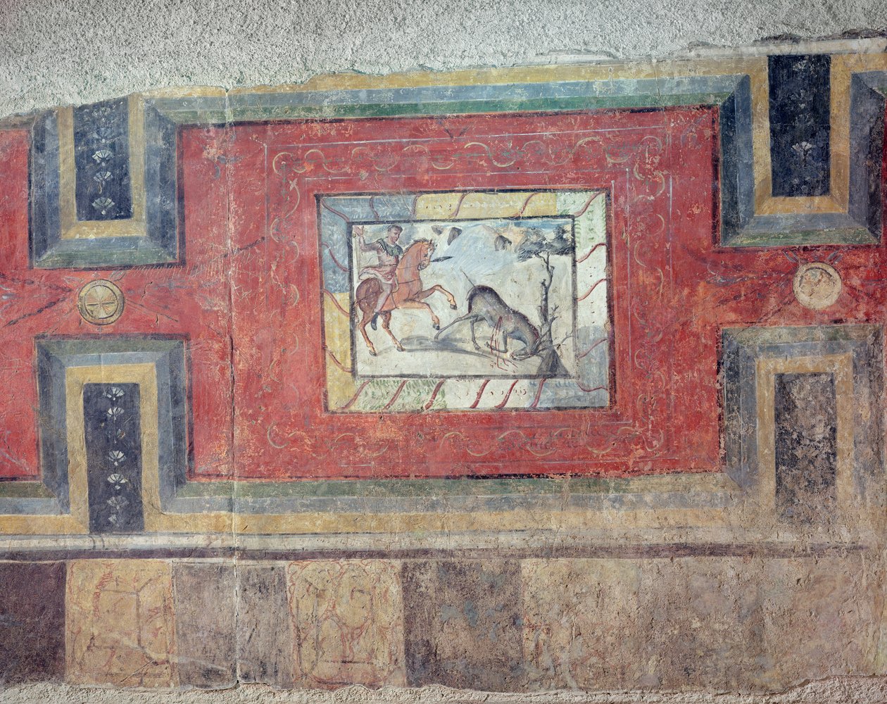 En väggmålning som visar en jaktscen, från en rekreation av interiören i ett romerskt hus av Roman
