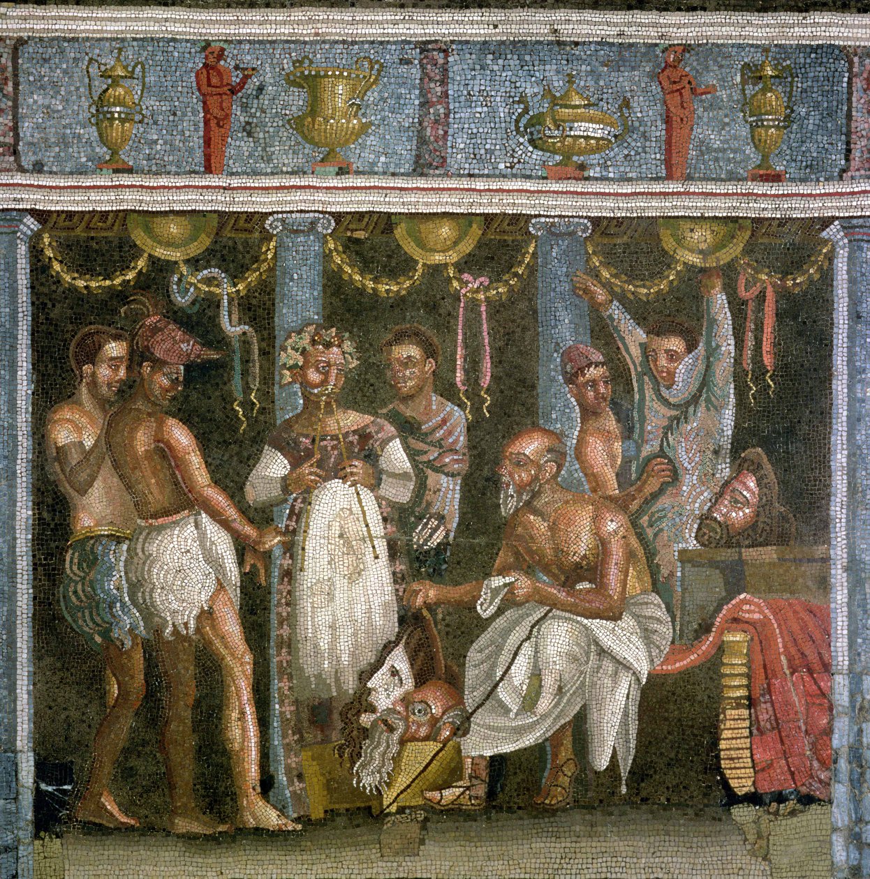 Skådespelare som repeterar för en satyrpjäs, ca 62-79 e.Kr. (mosaik) av Roman